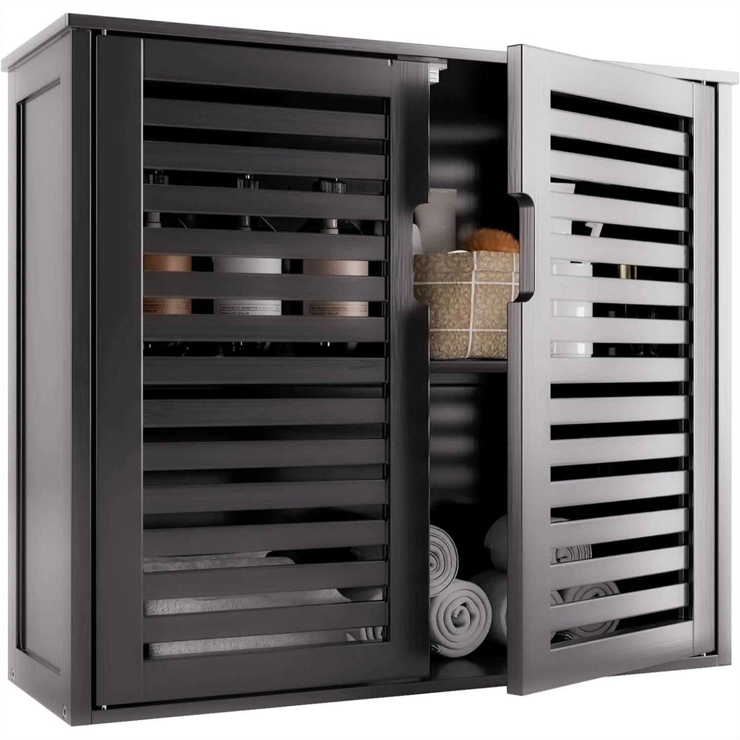 

Black Bathroom Storage Cabinet, Hanging Medicine Cabinet with Adjustable Shelf, Bamboo Wall Mounted Space Saver Organizer Double