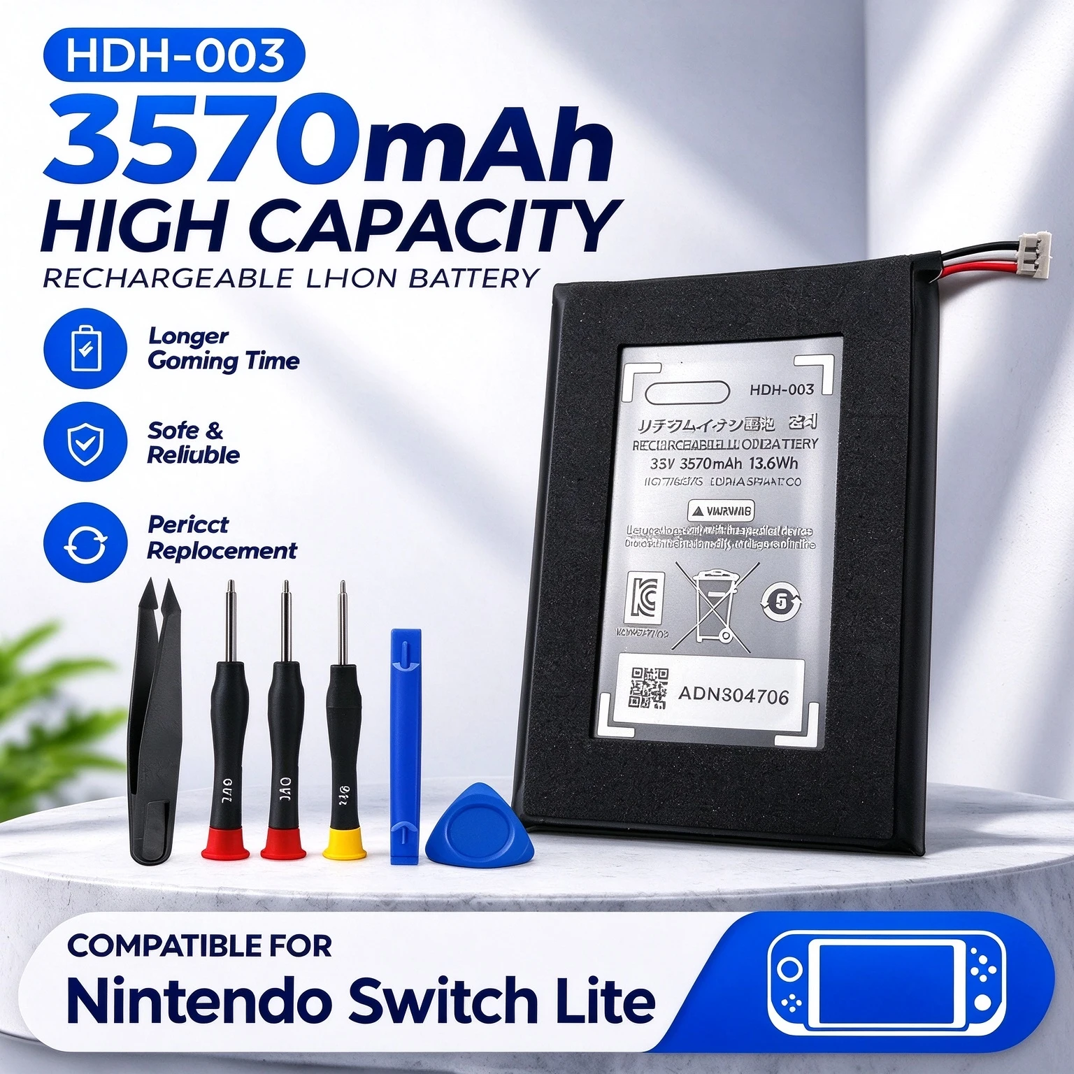 HDH‑003 3.8V 3570mAh 18.7Wh Rechargeable Li‑ion Polymer Replacement Pack Battery Compatible For Switch Lite With Install Tool