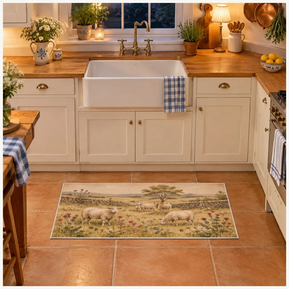 VIKAMA Shepherds Meadow Door Mat, Soft Touch Non Slip Flannel Rug, English Country Floor Mat for Kitchen, Utility Room