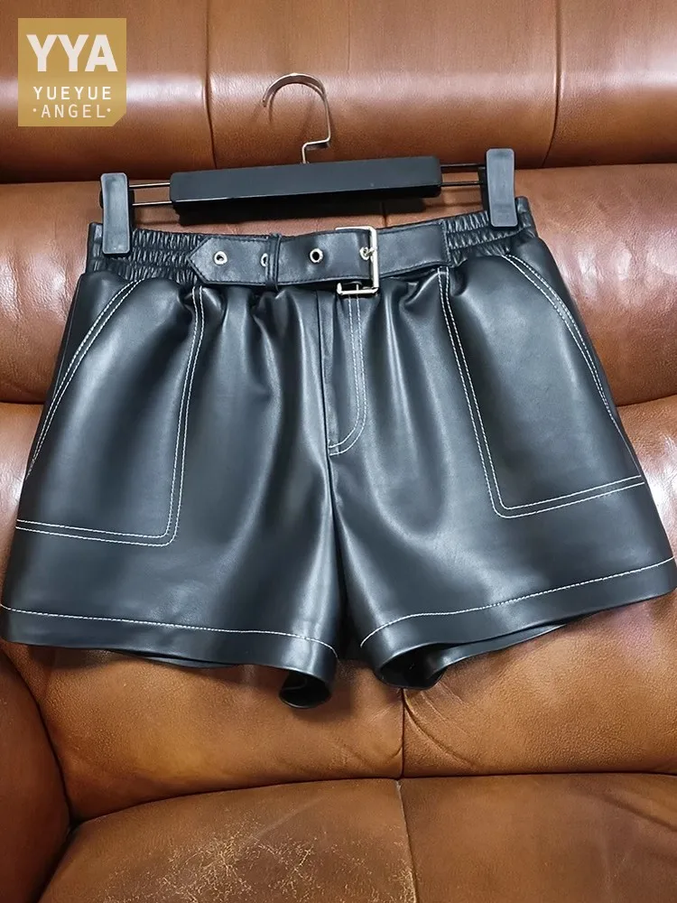 Sheepskin Genuine Leather Shorts Women Belted Elastic Waist Wide Leg Flare Trousers Casual Streetwear Sewing Real Leather Shorts