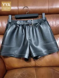 Sheepskin Genuine Leather Shorts Women Belted Elastic Waist Wide Leg Flare Trousers Casual Streetwear Sewing Real Leather Shorts