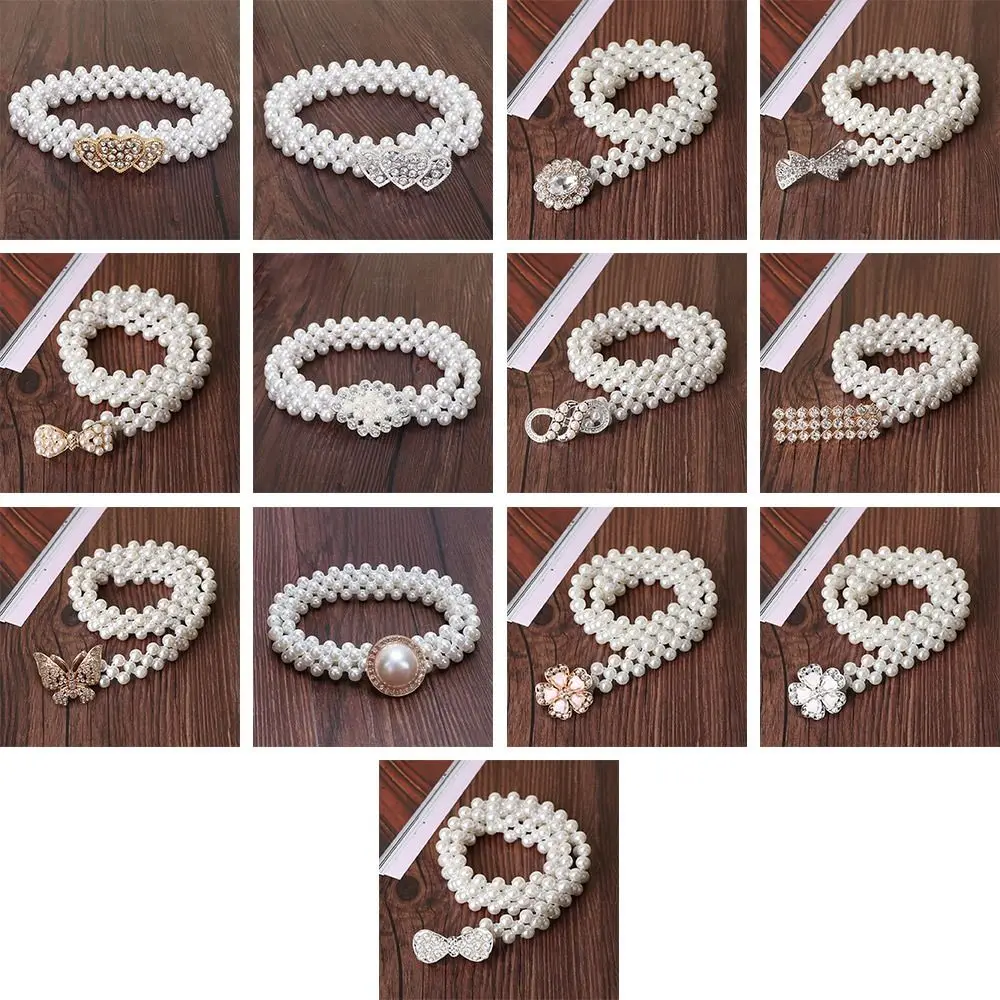 Fashion Ladies' Elastic Waistband with Pearl Simple Elegant Rhinestone Waist Chain Thin Drawstring Belt For Women