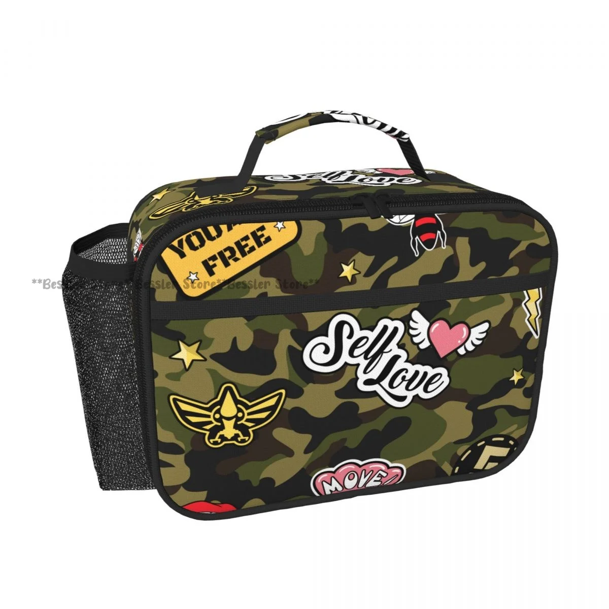 Camouflage With Cool Patches Tote Lunch Bag Insulated Cooler Bag Easy Clean Food Handbag for Daily Travel Picnic