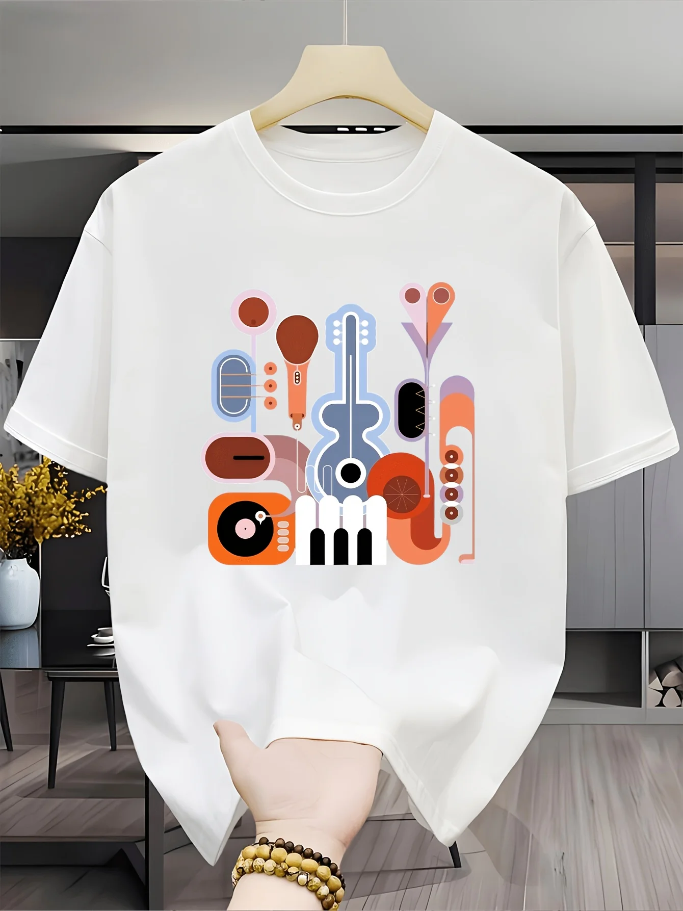 Geometric Music Art Print T-Shirt, Aesthetic Abstract Graphic Tee,Trendy Casual Short Sleeve Summer Top, Modern Streetwear Shirt