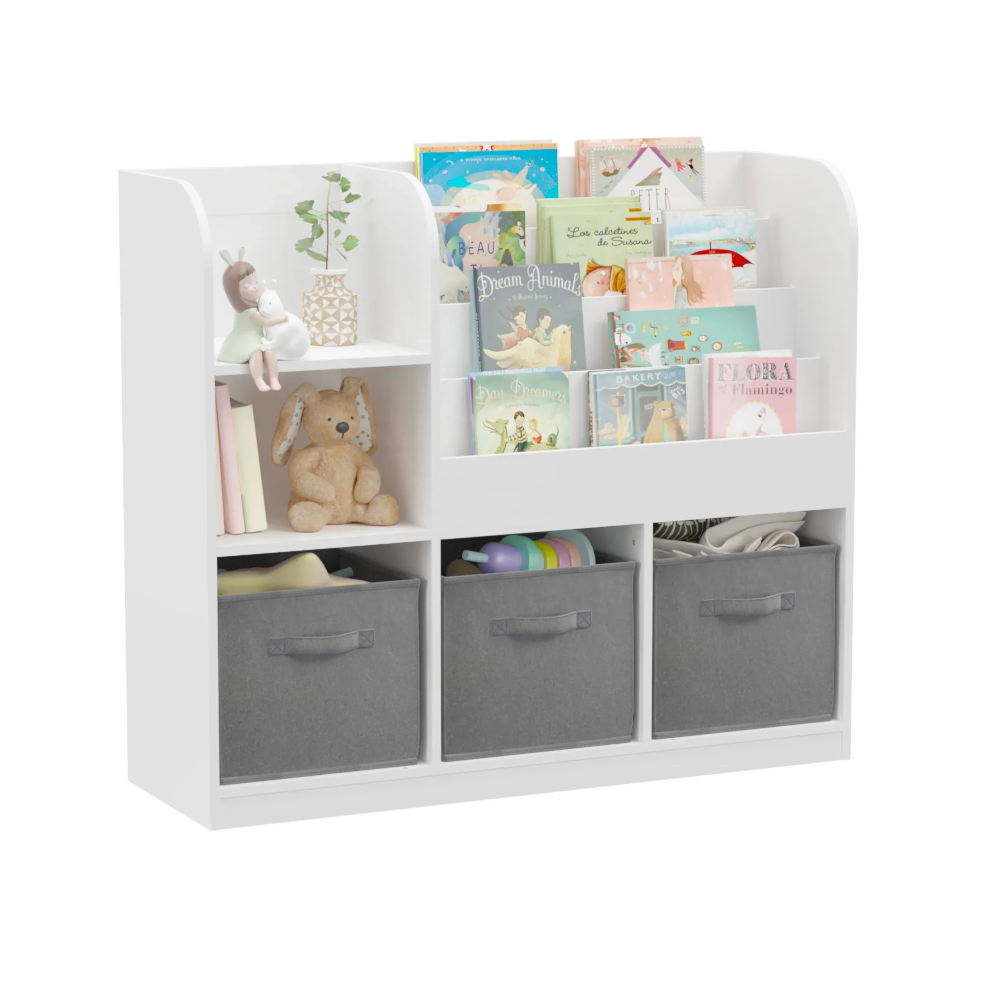 

Free Shipping Kids Multifunctional Bookcase with 3 Collapsible Fabric Drawers Toy Storage Organizer for Bedroom Playroom Hallway