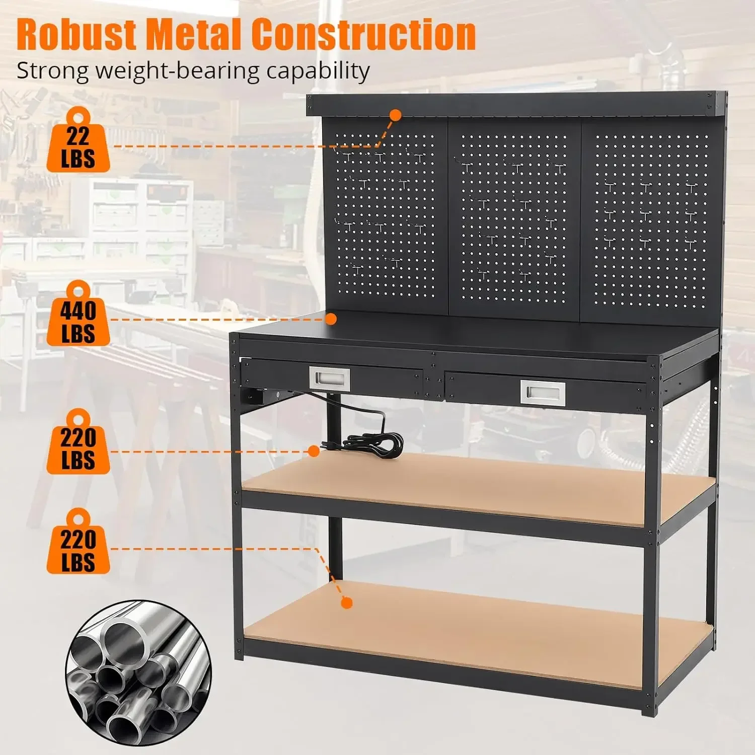 Établi à outils en acier rapide avec prise de courant, table de travail à 3 niveaux, 2 MEL, panneau perforé, capacité de charge de 1000 lb