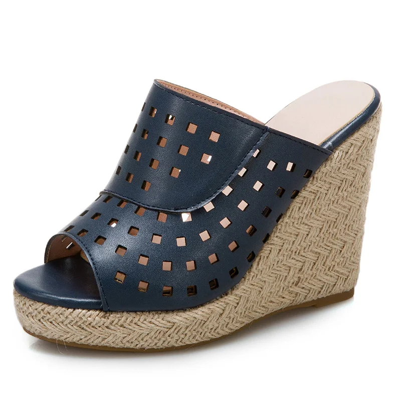 Cut-outs Platform Women\'s Slippers Wedge Heels Mules Shoes Summer Sandals For Women Open Toe Knitted Wedge Shoes Large Size 45