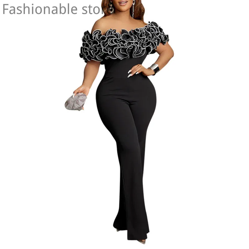 

Women Sexy Solid Color Off Shoulder Ruffles Decor Skinny Flare Leg Jumpsuits