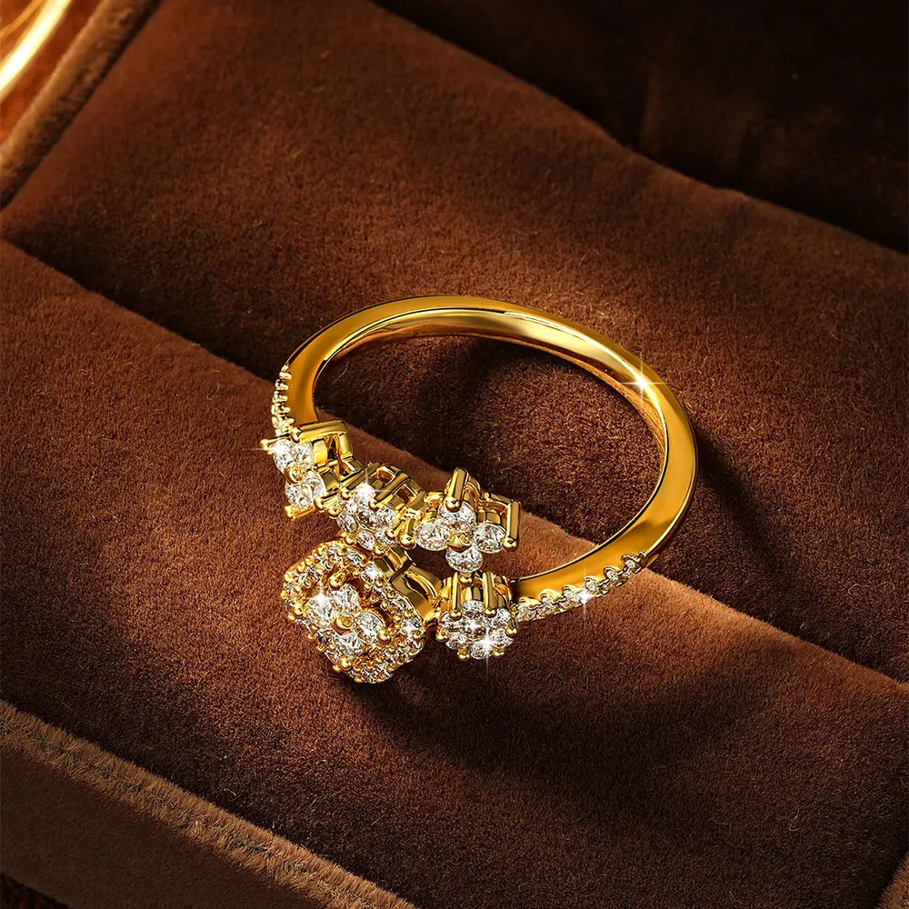 Lnkry 14 Karat Gold gefüllter verstellbarer Ring für Damen, exquisiter zertifizierter runder Moissanit-Ring mit vier Blättern, Blumenring, Schmuck, Geschenk – Detail 15