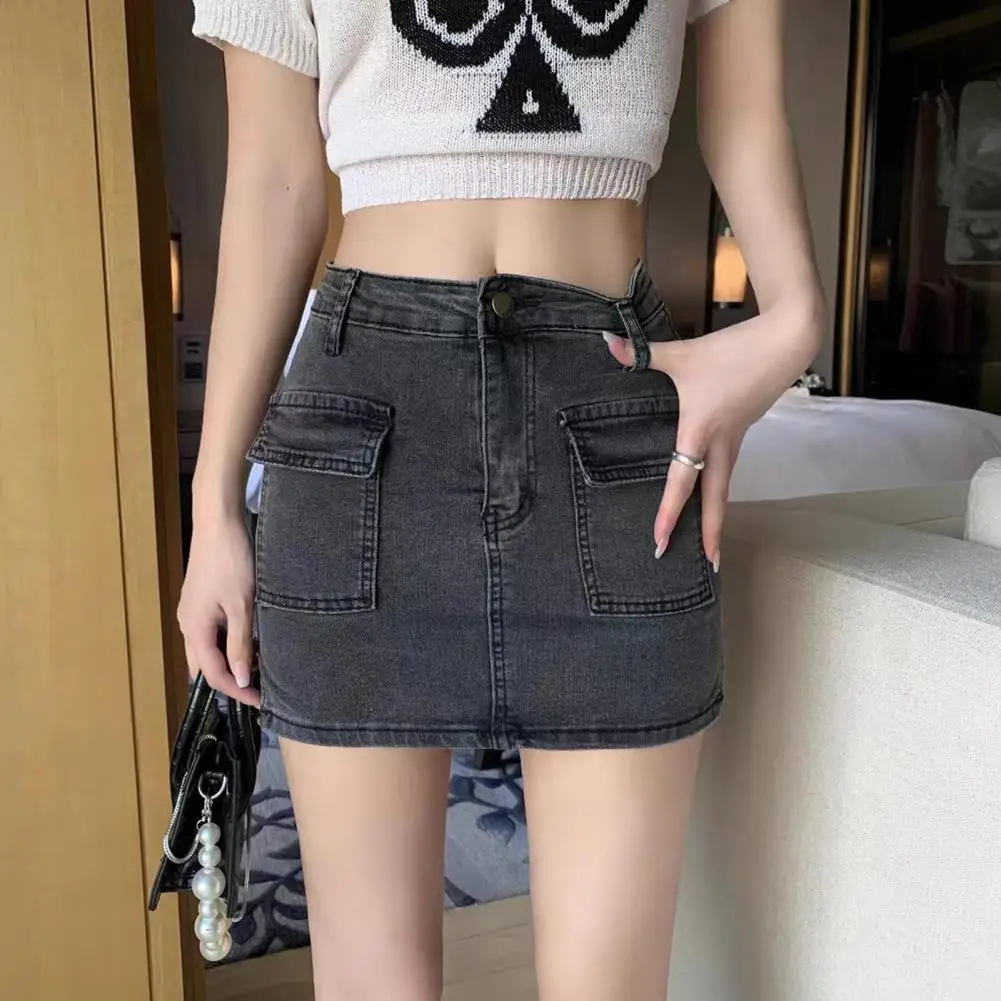 Women Denim Skirt High Waist Summer Denim Skirt A-line Wrapped Style with Fly Pockets Button Zipper Fly Solid Color Elegance