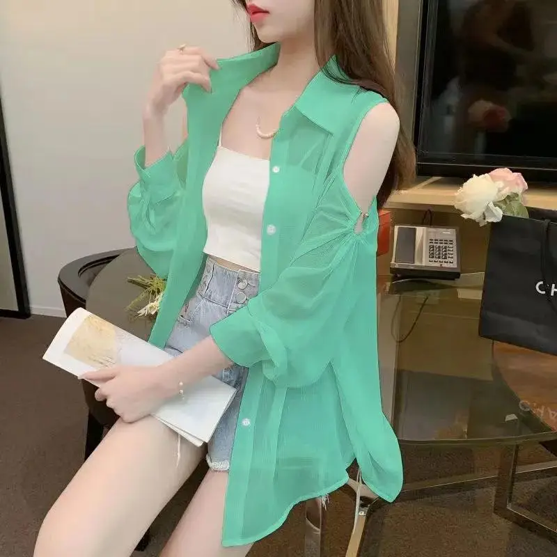 Fashion Lapel Button Solid Color Off Shoulder Chiffon Shirts Female Clothing 2024 Summer New Loose Sweet Tops Casual Blouses