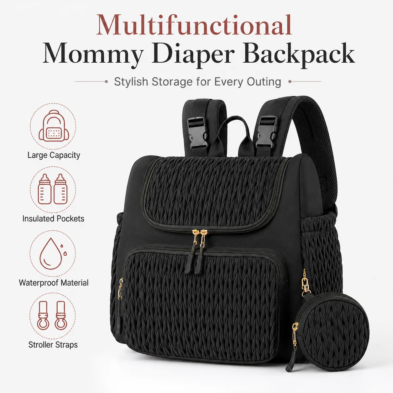 

Black Mommy Diaper Backpack with Insulated Bottle Pockets, Wet/Dry Compartments, Stroller Strap, Waterproof Travel Bag