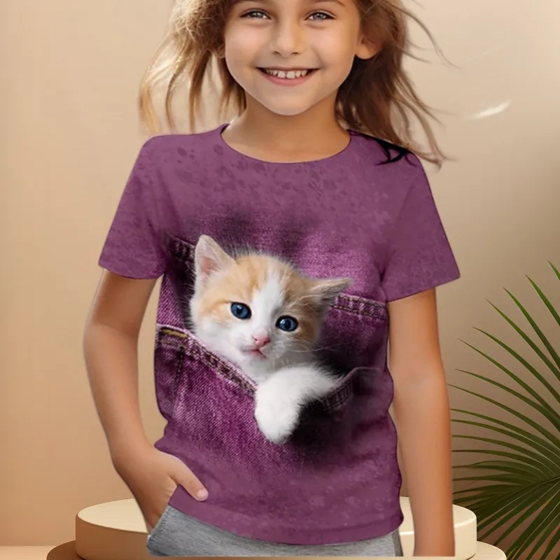 Girl Clothes Cat Graphic T Shirts One Piece Children\'s Clothing Girl T-Shirts Print Short Sleeve Tees Kawaii Clothes for Girls