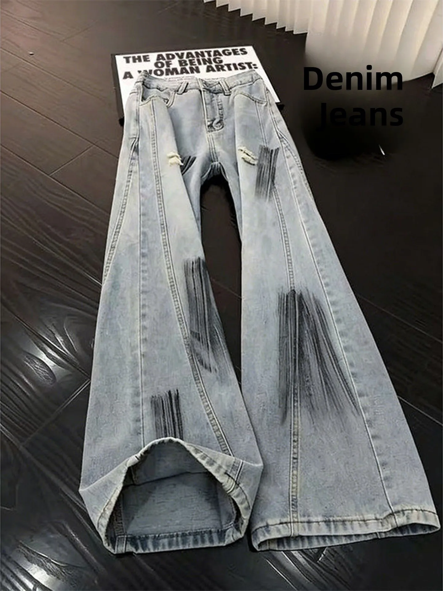 

Cleanfit Men's High Street Straight Leg Jeans Distressed Ink Splatter Design Knife Cut Holes Wear Resistant Cotton Blend