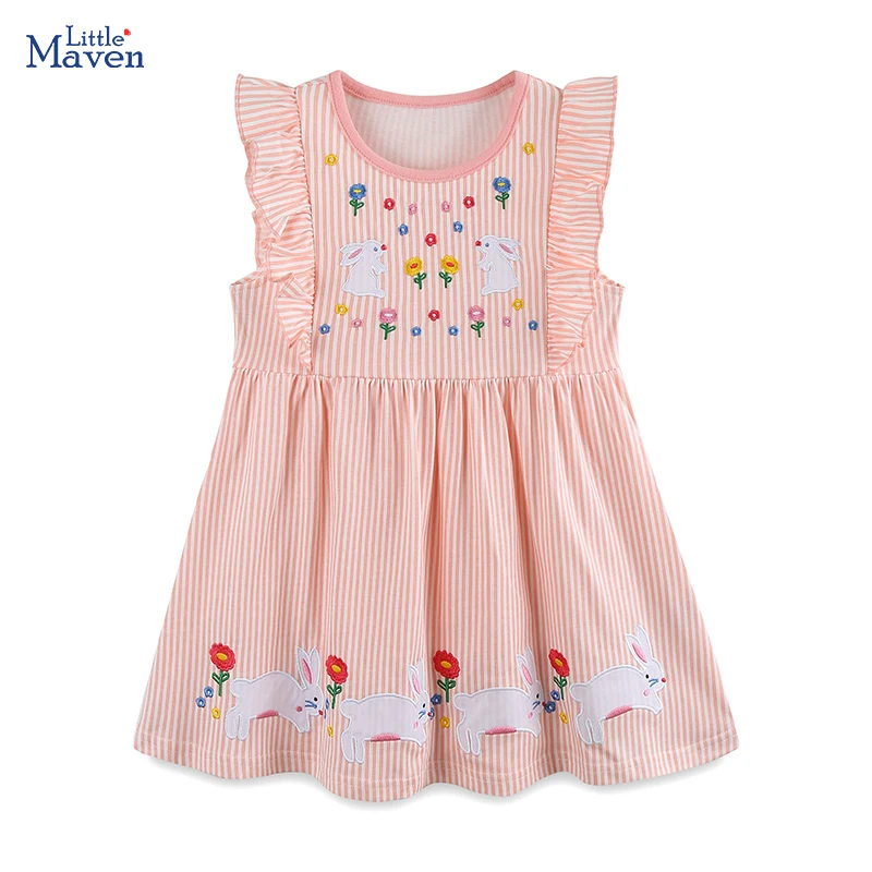 

Детское платье Little Maven для девочек, летняя повседневная одежда 2026 с мультяшными кроликами и цветами, для детей 2-7 лет