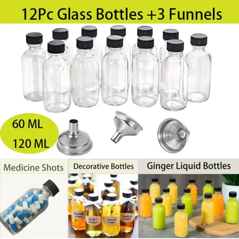 12Pc Glass Bottles With Lids & 3 Funnels - 60/120Ml Bottles 2/4 Oz Clear For Juice Ginge