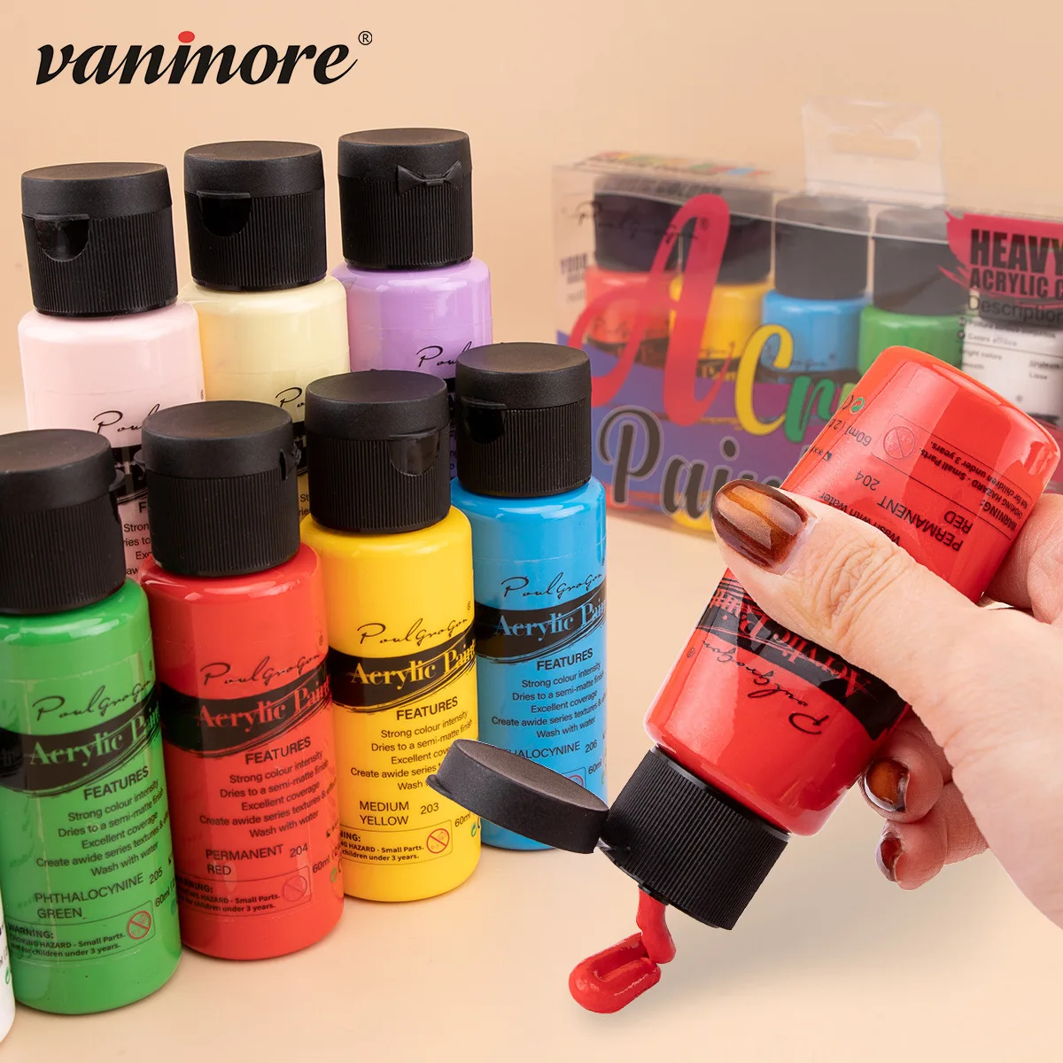 6 Colors 60ml Acrylic Paint Set Waterproof Heavy Body Pigment for Canvas Wall Rock DIY Hand Painting Art Craft Supplies