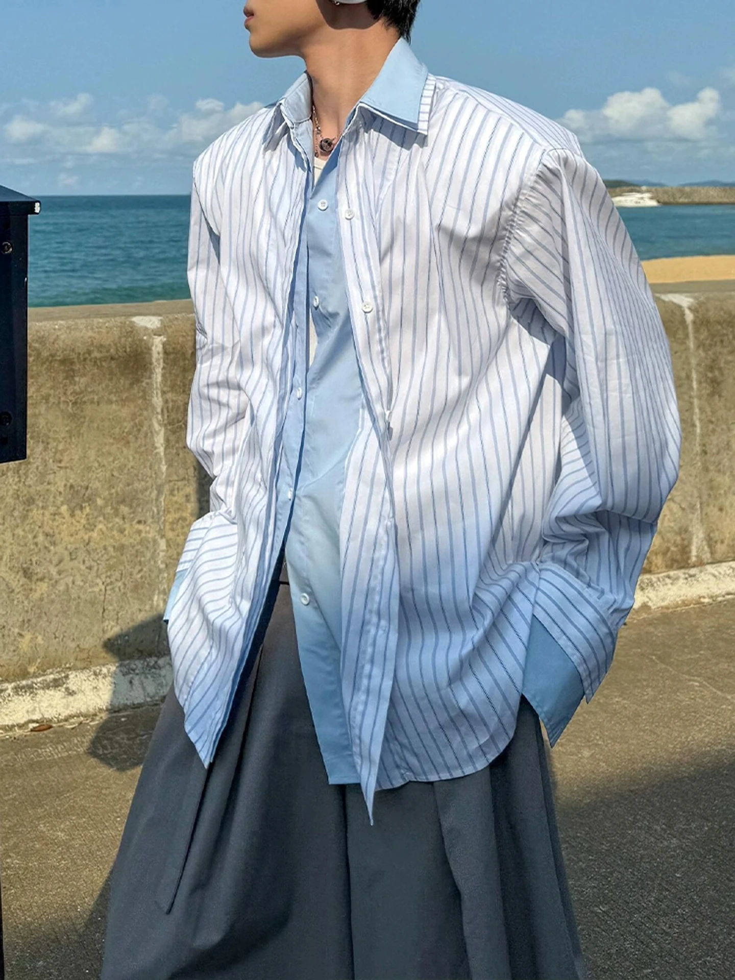 

Мужская свободная рубашка в полоску с лоскутным узором в американском стиле, с длинными рукавами, для колледжа, с защитой от солнца, верхняя одежда, кардиган