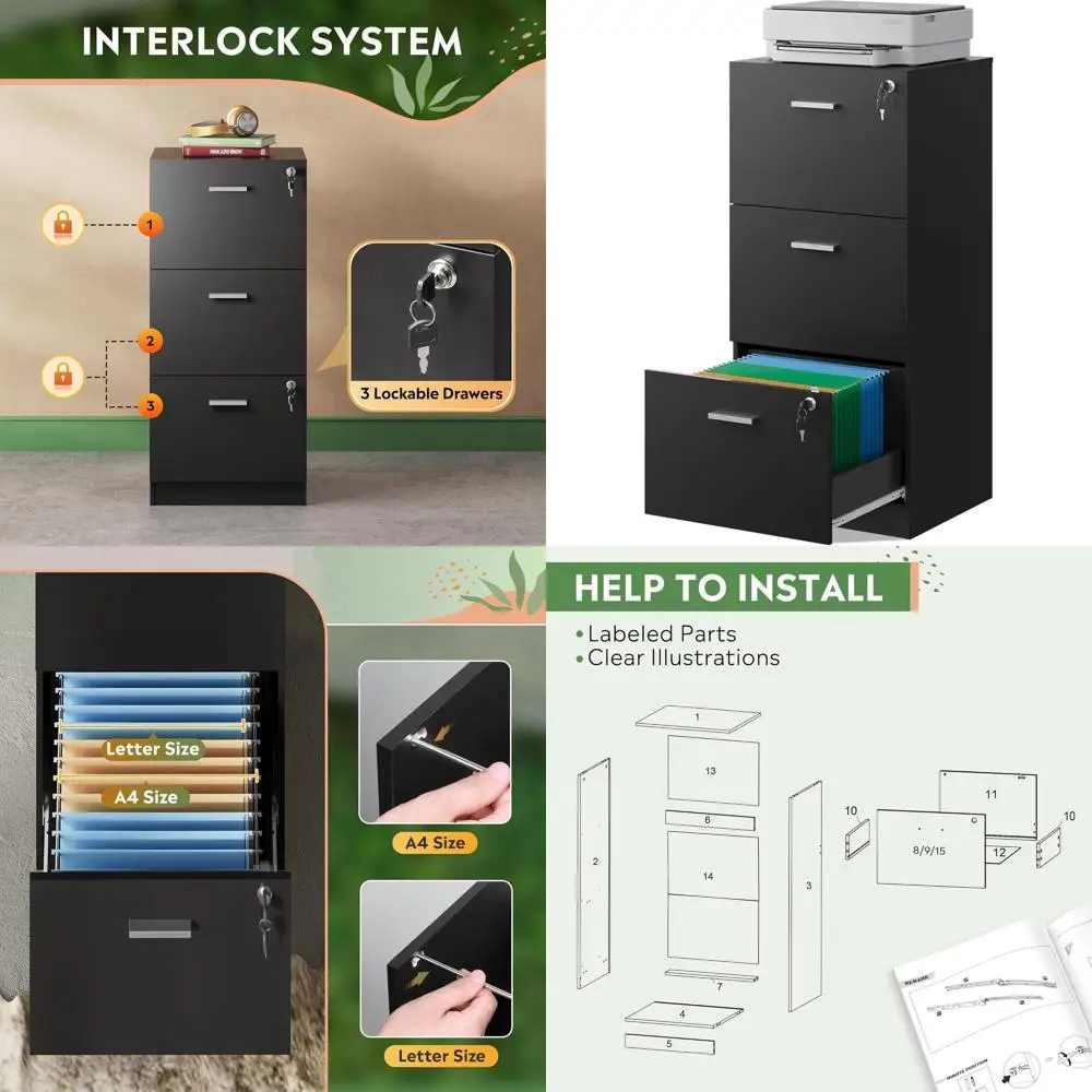 

Vertical Wooden Lockable 3-Drawer File Cabinet for Home Office, Suitable for A4 and Letter Size Documents, Black
