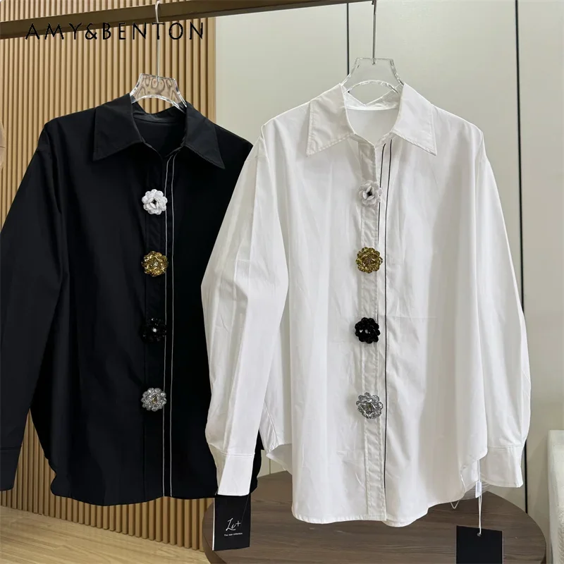 

2024 Autumn New Three-dimensional Flower Single-breasted Lapel Long-sleeved Shirt Casual Versatile Shirt Women Simple Casual Top