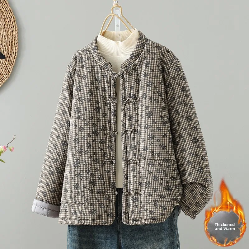 

Женский зимний хлопковый топ Thiened Cotton Jaet Hanfu из хлопка и льна с цветочным принтом, длинный све, обычная длина, застежка на одной пуговице