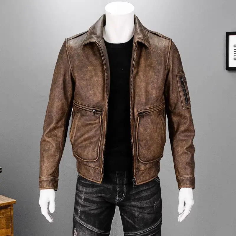 Retro Yellow Autumn Pilot Leather Jacket Men Military Style Plus Size 6XL Natural Cowhide Aviation Genuine Leather Coat