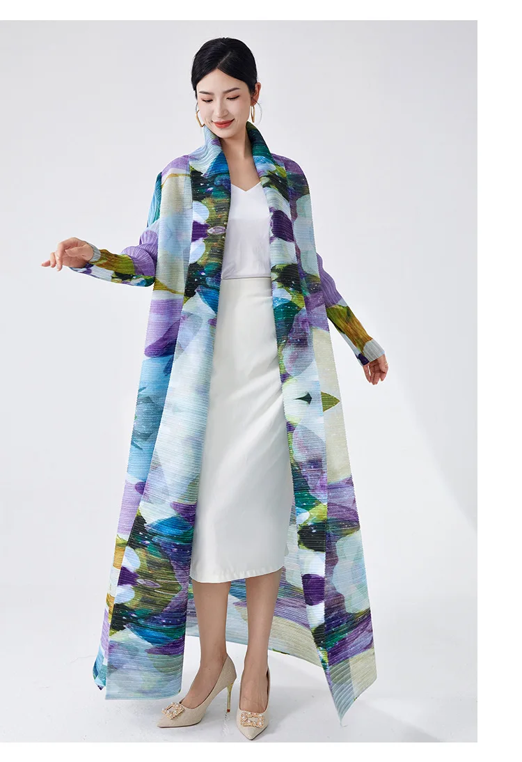 Muslim long robe women's long dress foreign trade robe high-end printed loose belted lapel Miyake cardigan autumn coat