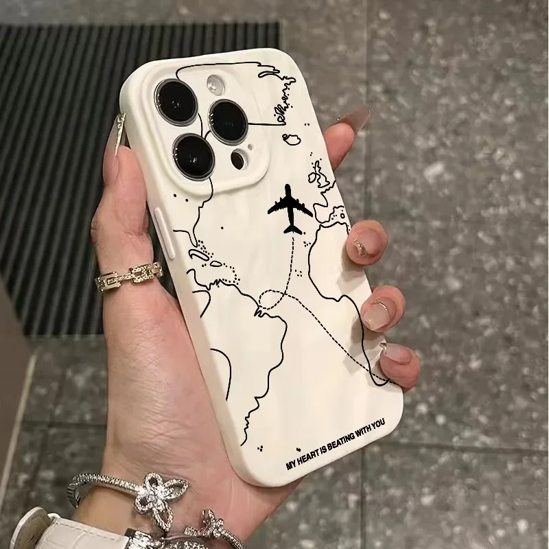 New Pleated Texture Patterned Phone Case For iPhone 11 12 13 14 15 16 Pro Max Plus XS X XR Travel-inspired Airplane Route Cover