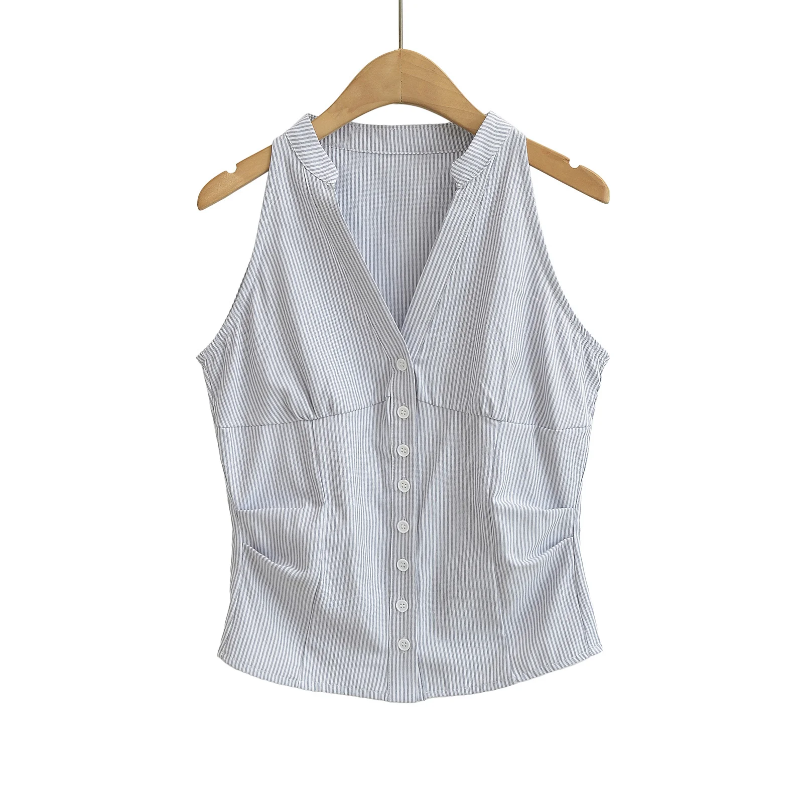 Street Style Spicy Girl V-Neck Pleated Waist Cinched Sleeveless Vest Pure Desire Internet Famous Short Show Body Stripe Top