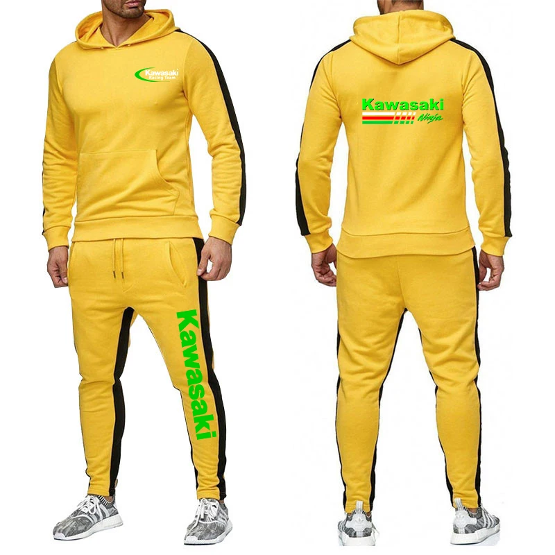 Spring Autumn Man Two-piece Set Solid Color Sets Kawasaki Motorcycle Racing Logo Print Cool Hoodies+Sports Pants Fashion Suits 2