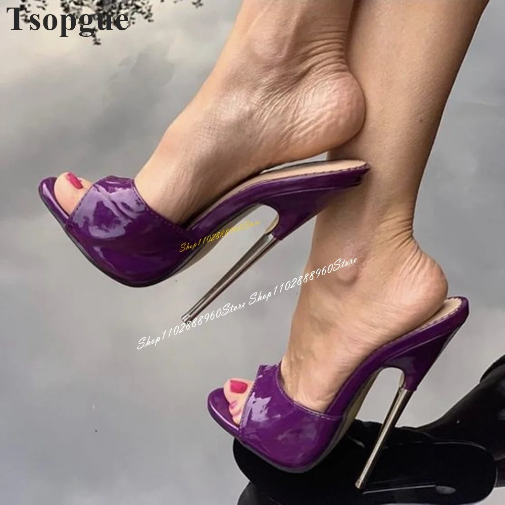 Pantofole con tacco in metallo in pelle verniciata viola di lusso scarpe da donna con tacco alto sottile Slip On Peep Toe 2024 Fashion Zapatos Para