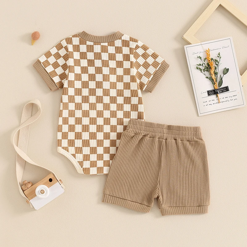 Newborn Baby Boy Girl Jumpsuit Set Plaid Print Ribbed Knit Short Sleeve Romper Solid Elastic Short Set Infant Summer 2Pcs Outfit