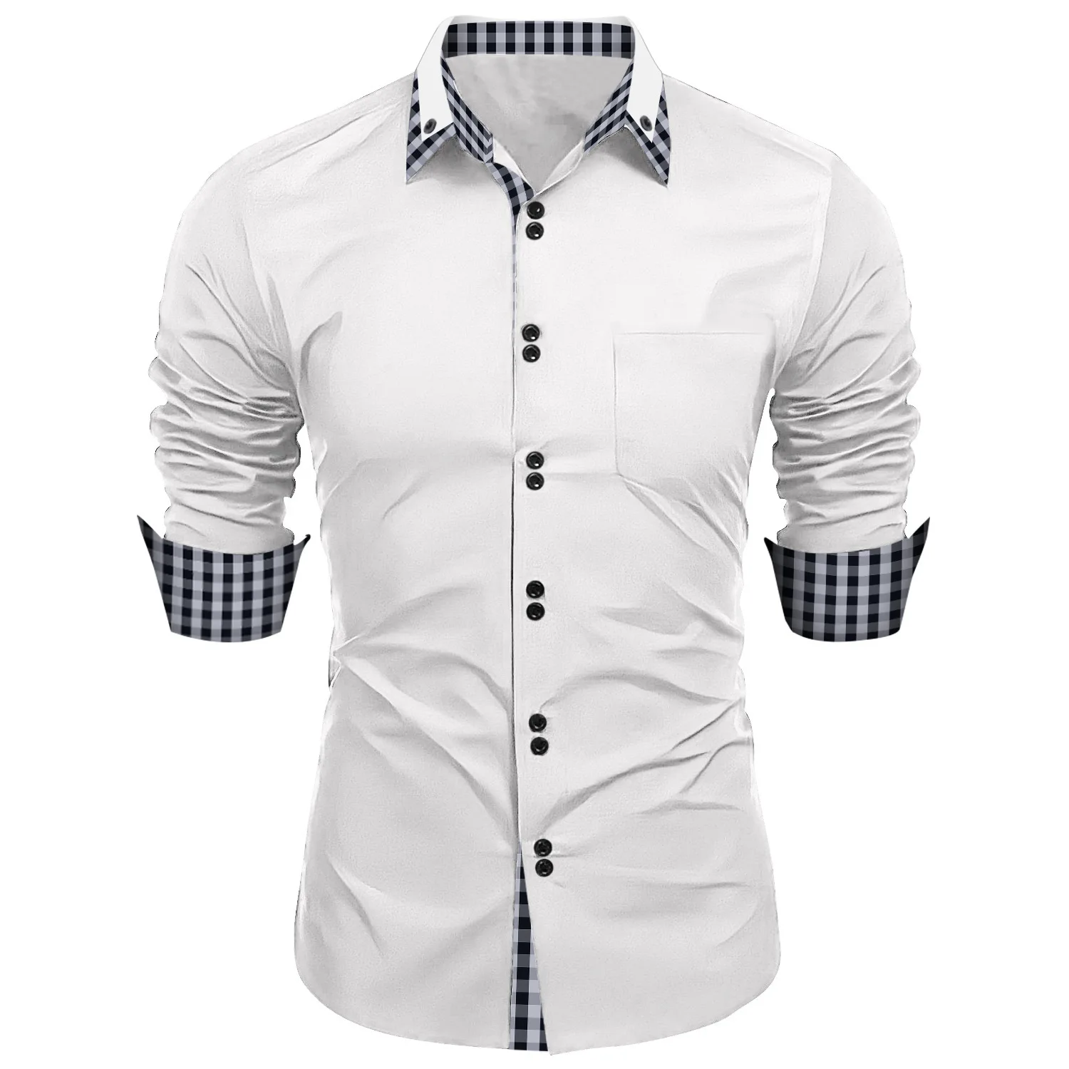 

New men's fashion shirt Spring autumn plaid color matching shirt lapel breathable business casual shirt