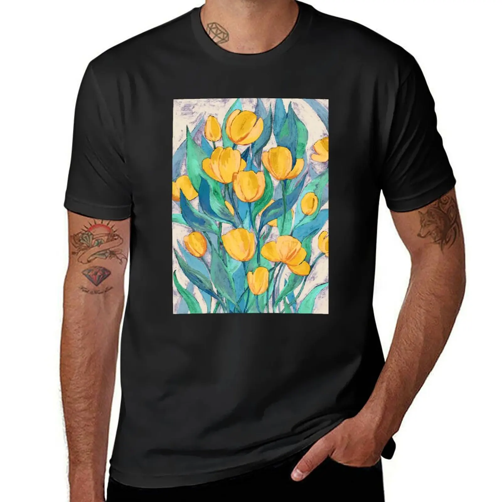 Blooming Golden Tulips in Gouache T-Shirt cute tops heavyweights quick-drying black t shirts for men