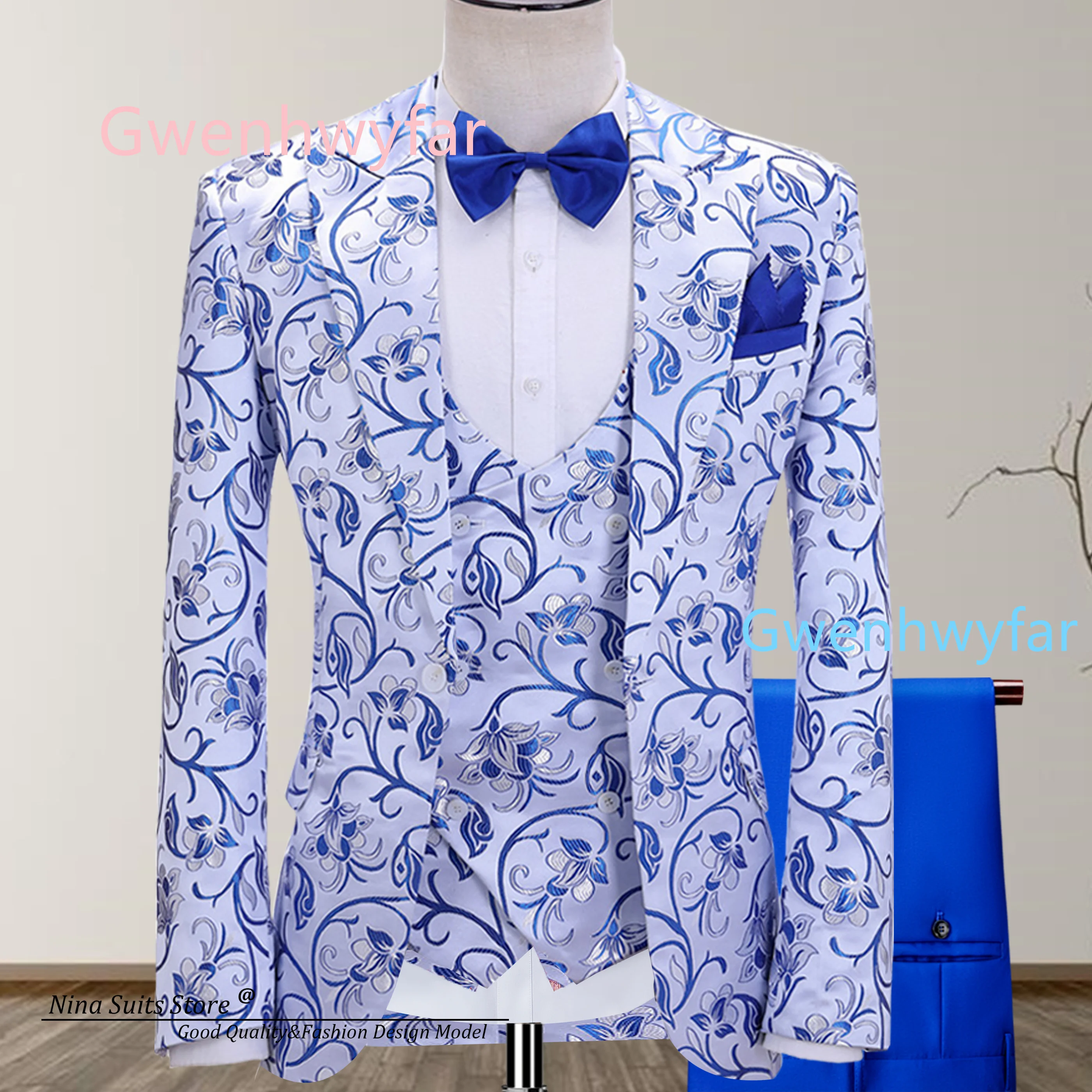 

G&N синий и белый фарфоровый жаккардовый костюм, мужские вечерние свадебные смокинги, комплект из 3 предметов, включая куртку, жилет, брюки