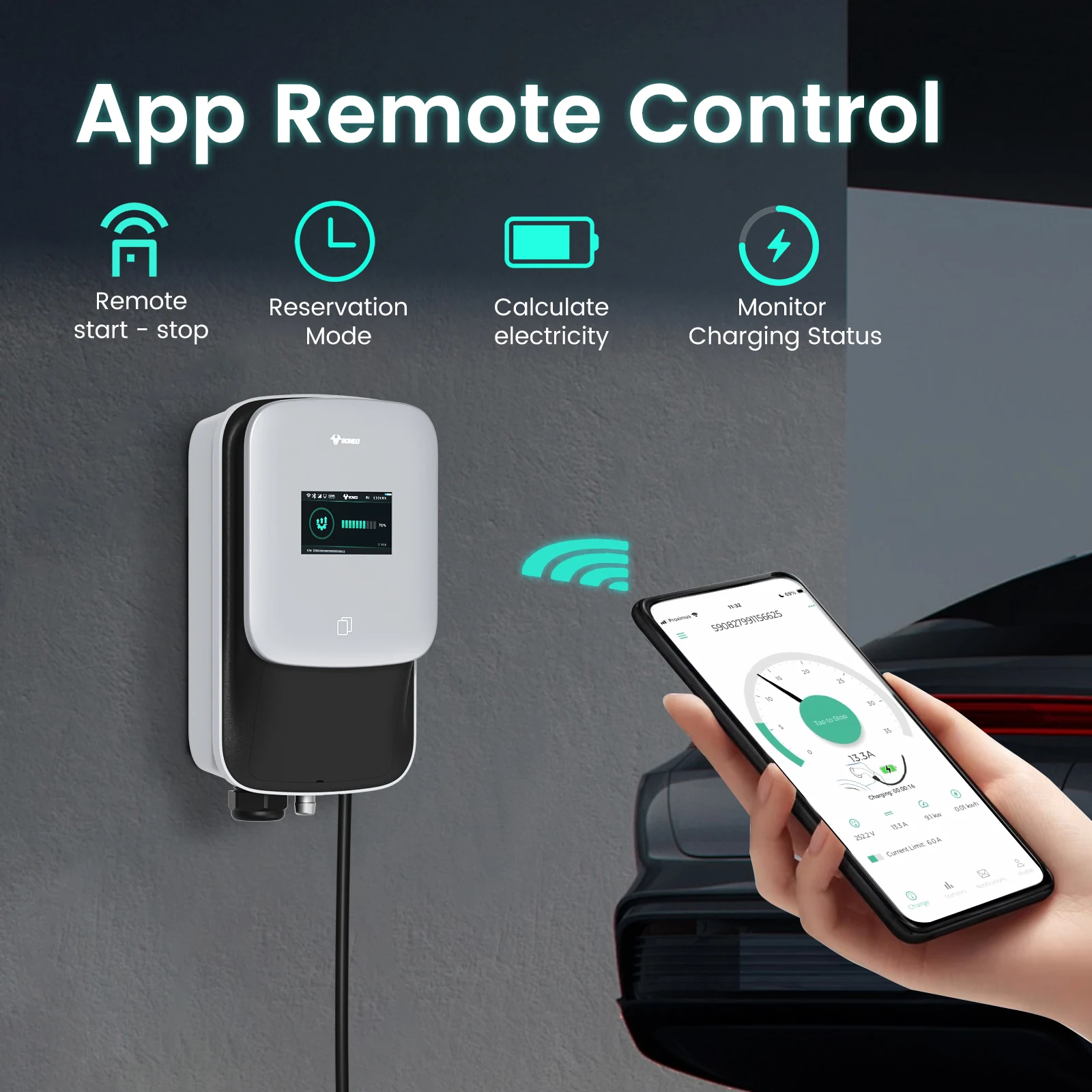 صندوق حائط لمحطة شحن GONEO EV PHEV للمنزل، مع كابل شحن من النوع 2 بطول 5 أمتار، وبطاقة RFID للتحكم في تطبيق WiFi 4G IP65 IK10
