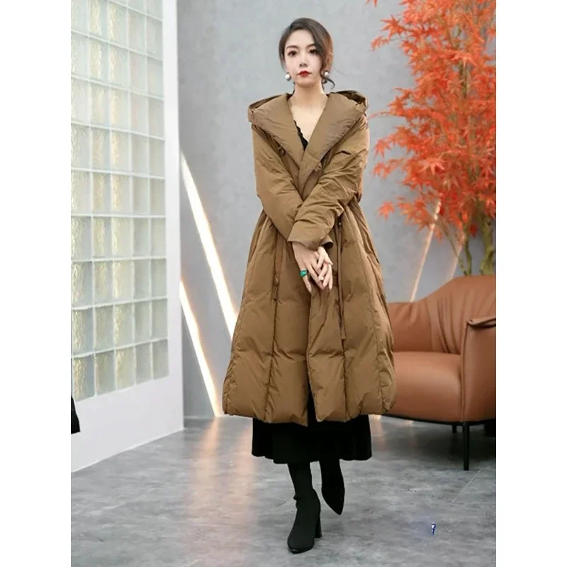 2026 شتاء جديد لون نقي الأنوثة سميكة فوق الركبة طويلة فضفاضة موضة كل مطابقة مقنعين أسفل سترة انفجرت معاطف #2