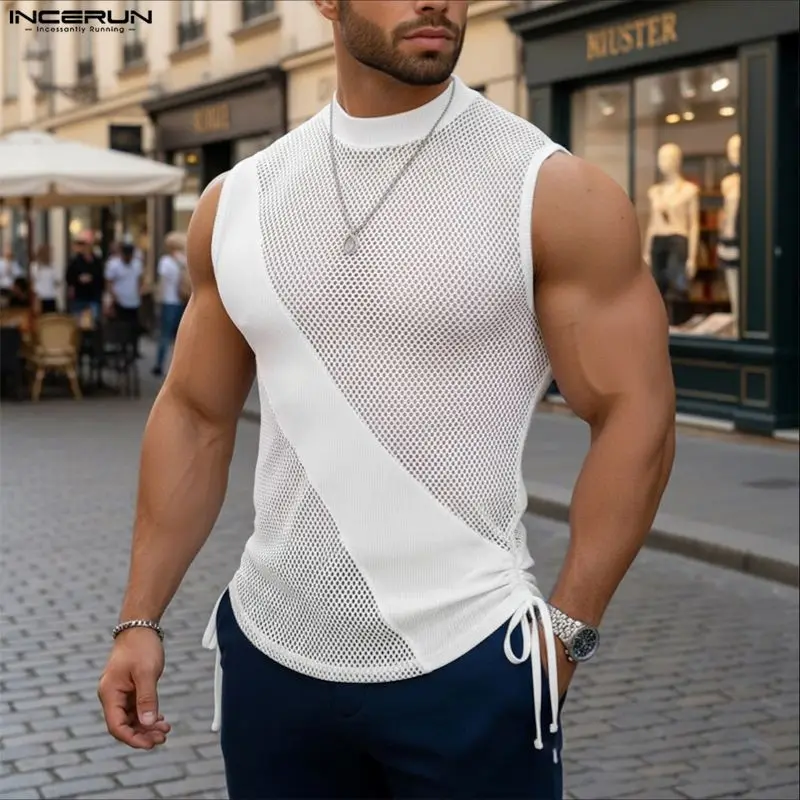 INCERUN Men Tank Tops Mesh Patchwork Turtleneck Sleeveless Lace Up Male Vests See Through Summer Streetwear Fashion Men Clothing