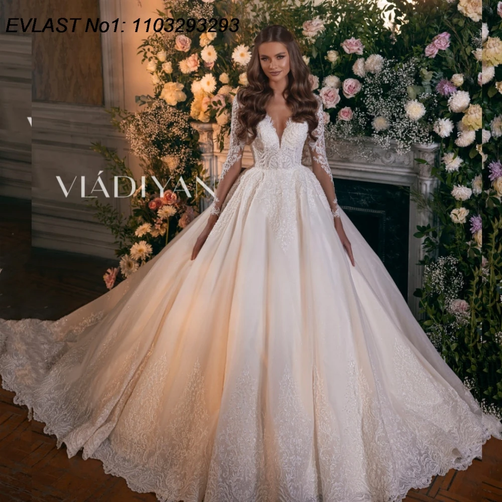 

EVLAST Customized Vintage A Line Wedding Dress Long Sleeve Lace Applique Crystal Beaded 2026 Bridal Gown Robe De Mariee TBD148