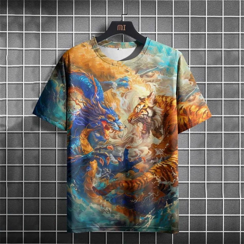 Full Print Animal Dragon Tiger Graphic T Shirt for Men Summer Short Sleeve Oversized Tshirts Tops 3d Print Men's T-Shirts