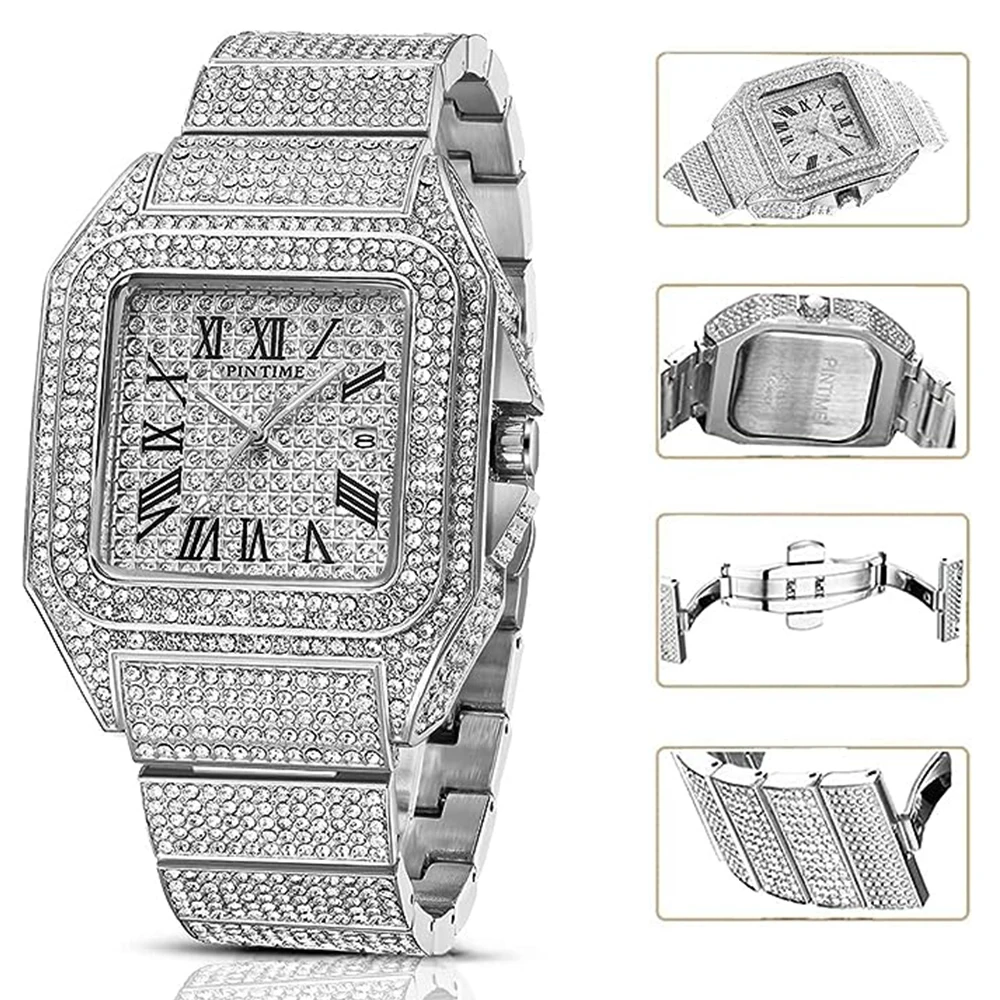 Hip Hop Watch for Men Bling Iced Out Diamond Square Quartz Wristwatch Waterproof 30m Calendar Clock Stainless Steel Montre Homme