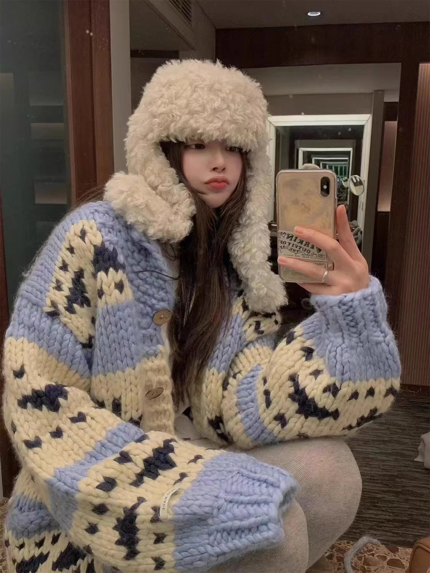 الرجعية اللون بلو الثقيلة متماسكة ثي إبرة منقوشة سترة Jaet المرأة شتاء جديد زر واحد تنوعا أعلى #4