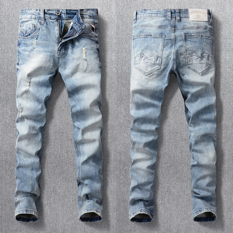 

Korean Style Fashion Men Jeans Retro Light Blue Slim Ripped Jeans Men Stretch Trousers Vintage Designer Casual Denim Pants Homme