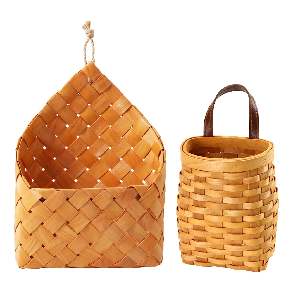 

2pcs Wall Hanging Storage Baskets Wooden Decorative Small Flowers Space Saving Sundries Home Basket Weaving Container