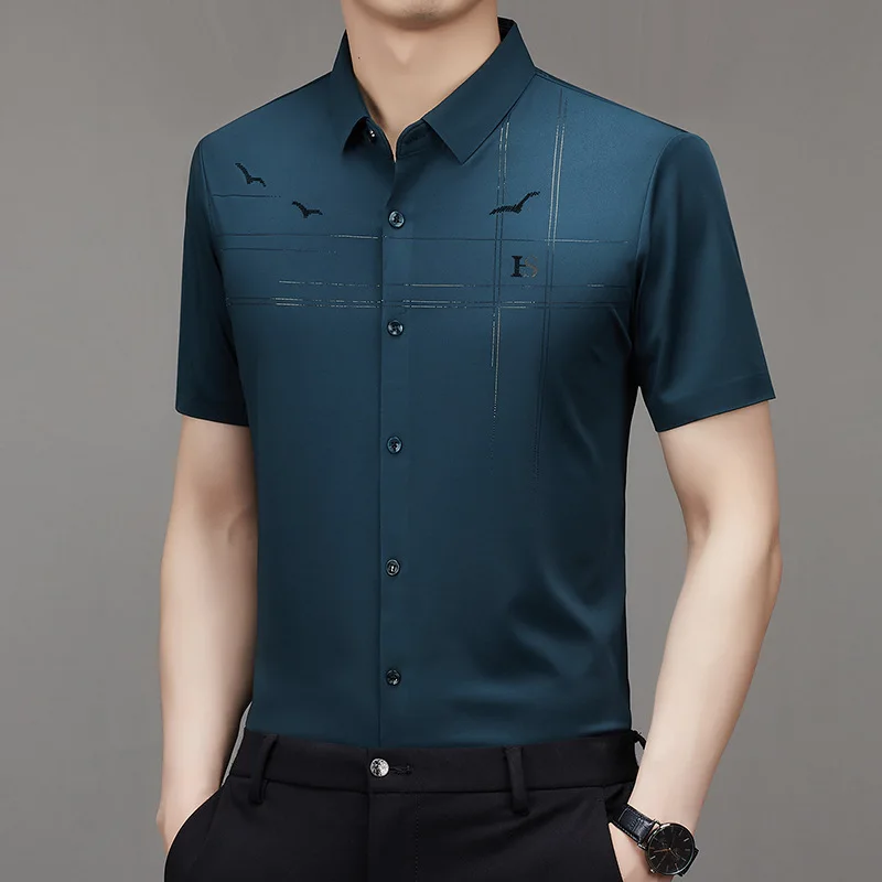 Summer Turn-down Collar Men\'s New Clothing Short Sleeve Shirt Middle-aged Thin Seamless Loose Fitting Fashion Business Tops