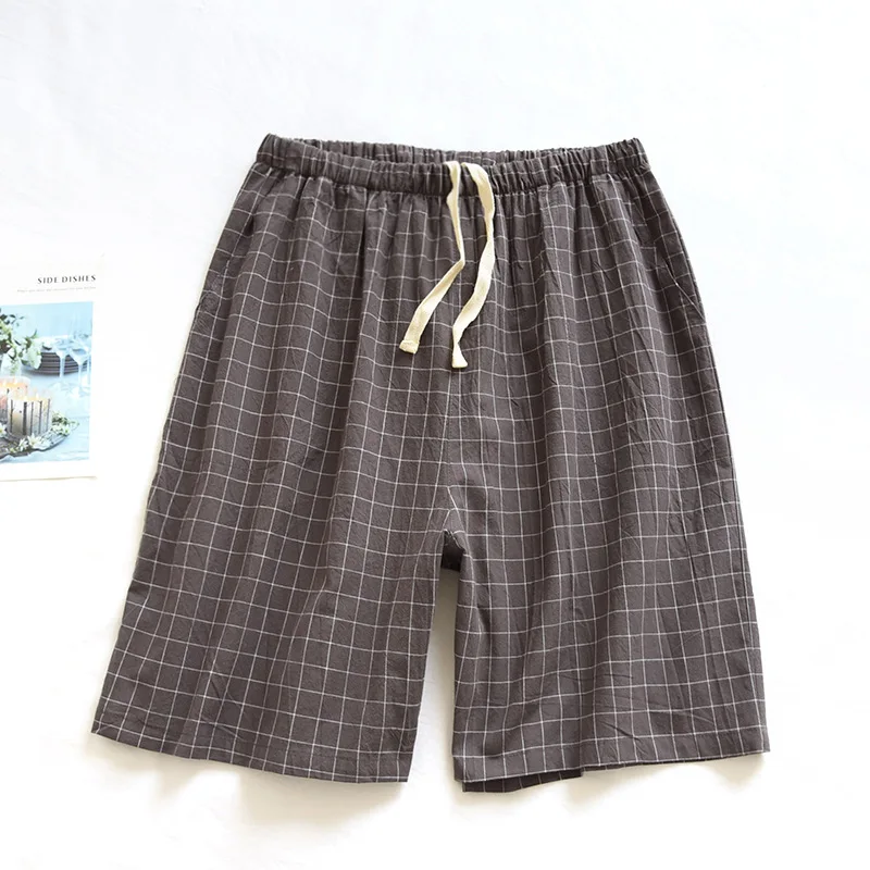 Cotton Men Solid Color Shorts Simple Loose and Breathable Student Sleeping Pants Elasticated Waistband Plaid Pajama Pants