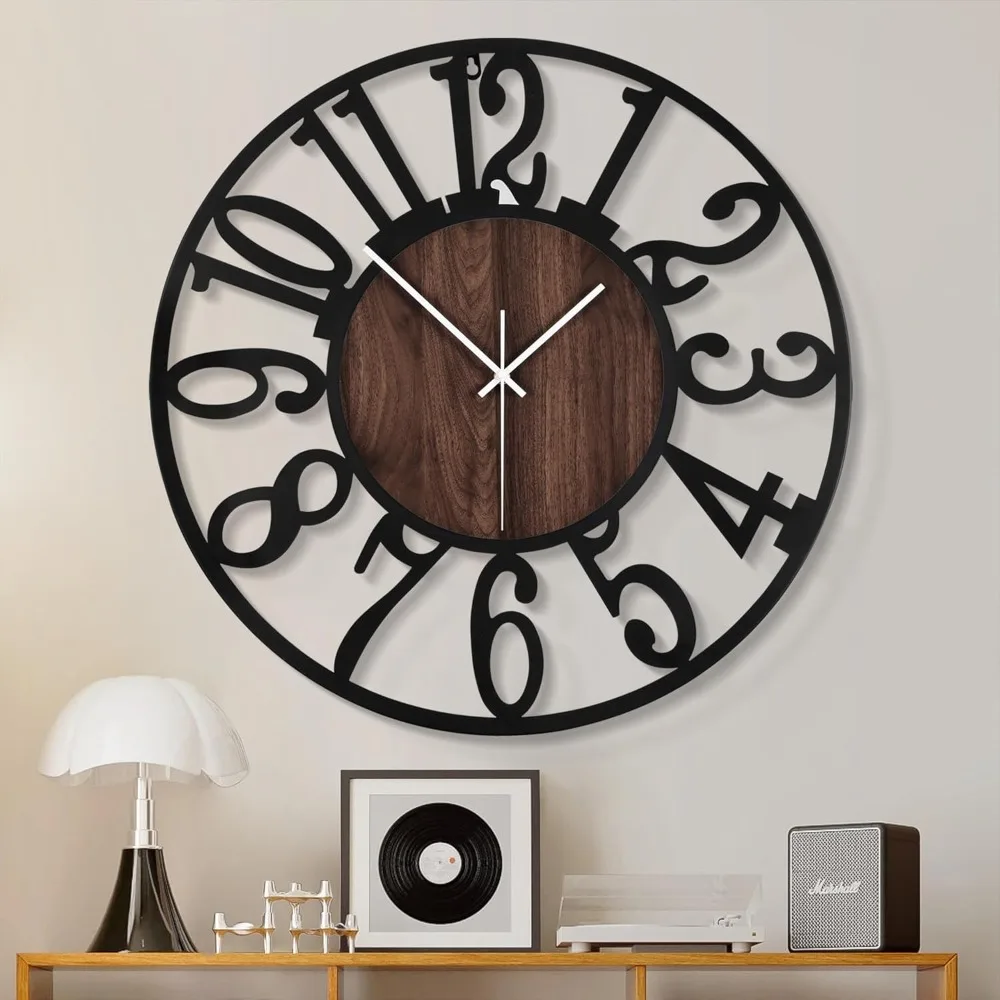 

Large Wall Clock for Living Room Decor- Decorative Antique 24 inches or Larger Silent Non Ticking Black Metal Wood Clocks