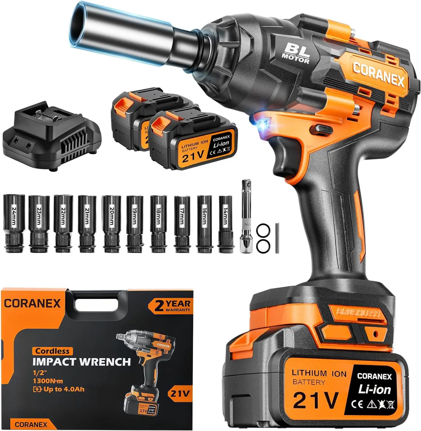 

1300N.m Brushless Impact Wrench 1/2" with 2x4.0Ah Batteries & Fast Charger - High Torque for Auto Repair