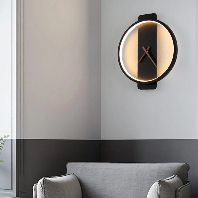 Modern Led Clock Wall Lamp Fixtures for Living Room Restaurant Bedroom Hotel Sconce Lights Decoration Nordic Lighting Indoor