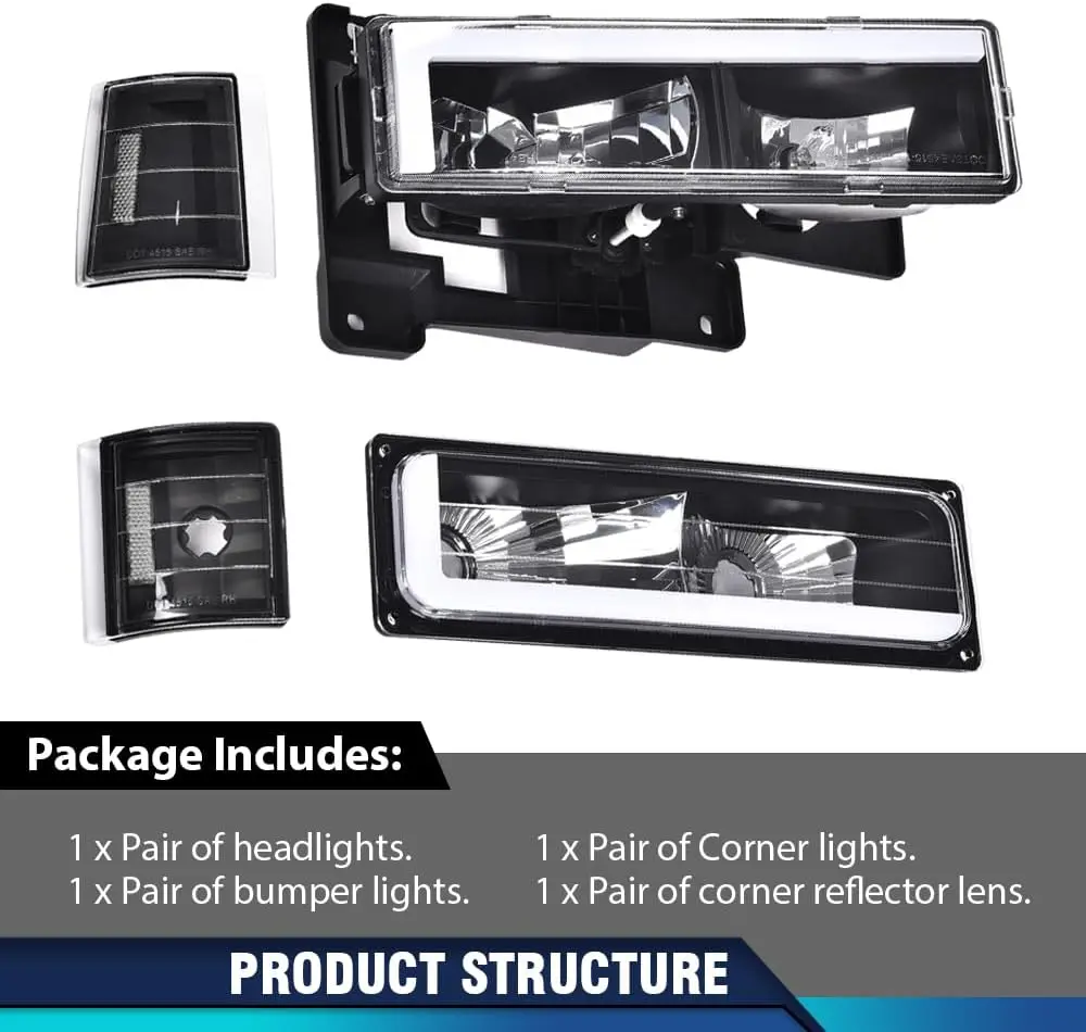 Preto Habitação Refletor Farol com Lâmpadas e Luzes de LED Strip, Clear Lens, GMC, C1500, C2500, K1500, K2500, K2500, Yukon, Subu